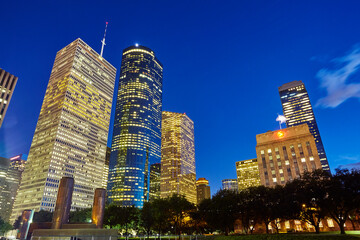 Skyscrapers around Houston's Central Business District in Houston illuminated at dusk
