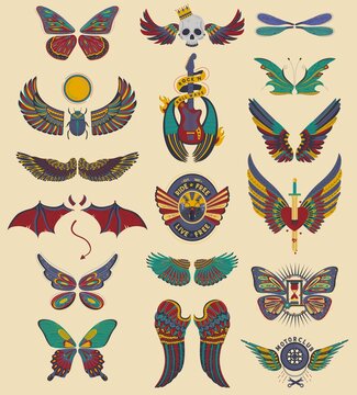 Wings set of angel, devil, dragon, bat and butterfly, bird, dragonfly, isolated vector illustration icons. Retro decoration graphic elements, fantasy wings, tatoo drawing collection. Logo artwork.