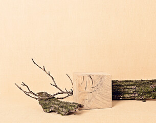 Empty wooden podium for products presentation. Display stand over neutral color background. Natural pedesta