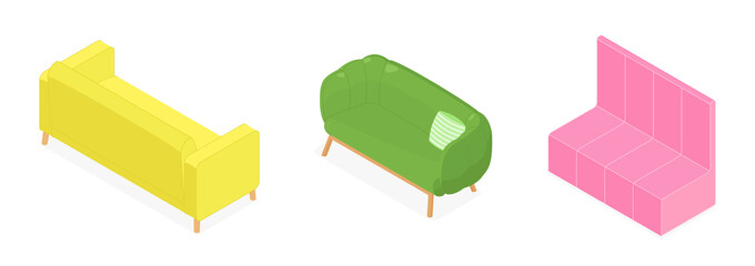 Set of isometric sofas. Vector collection. Illustration in flat design.