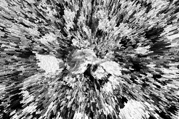 Abstract monochrome image of rounded lines and halftones with the effect of extrusion, disintegration and splitting into separate flying out pixels. Volumetric background. 3D illustration