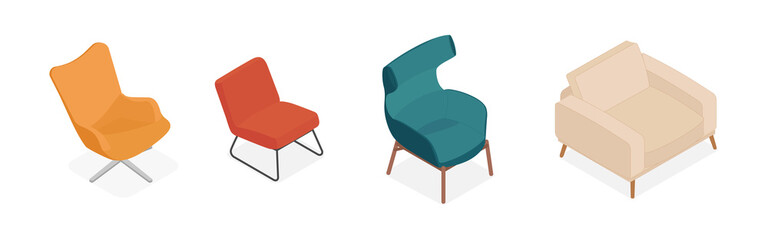 Set of isometric armchairs. Vector collection. Illustration in flat design.