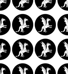 Seamless decorative pattern with silhouettes of dragons in circles in a black and white colors
