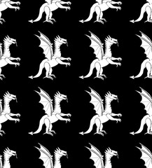 Seamless decorative pattern with silhouettes of dragons in a black and white colors