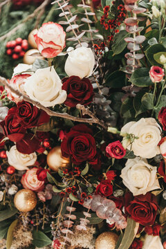 christmas decoration with flowers and balls 
