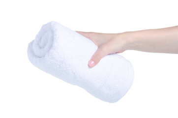Rolled white towel in hand on white background isolation