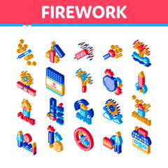 Firework Pyrotechnic Icons Set Vector. Isometric Flash rocket And Salute, Christmas Explosive Firework And Festival Lights, Illustrations