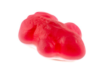 A macro shot of a red jelly bean, isolated on a white background.