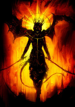 A black silhouette of a sinister demoness with huge wings, gracefully walking forward with two sabers at the ready, gracefully waving her tail, against a fiery hellish background. 2D illustration.