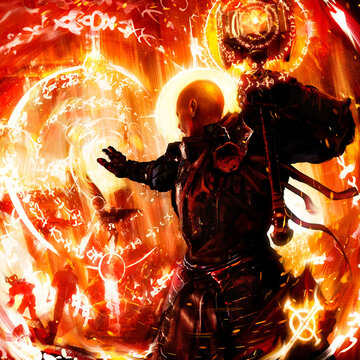 A silhouette of a bald cleric with a hammer and a halo around his head, he casts a protective spell right in front of him trying to hold back the hordes of demons escaping from hell. 2d illustration.