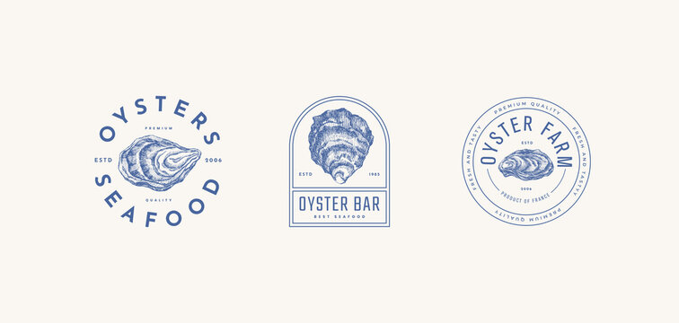 Set of logo templates for the menu of a fish restaurant, oyster farm or seafood store. Hand-drawn oyster shells vector illustration. Emblems of delicacies in the engraving style on a light background.