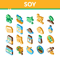 Soy Bean Food Product Icons Set Vector. Isometric Agricultural Harvester Harvesting On Farm And Milk Package, Soy Sauce Bottle And Plant Illustrations
