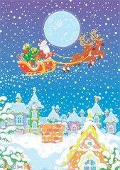 Fototapeta na wymiar Magic reindeers flying Santa Claus with a big bag of gifts in his sleigh over a snow-covered colorful town on the moonlit and snowy night before Christmas, vector cartoon illustration