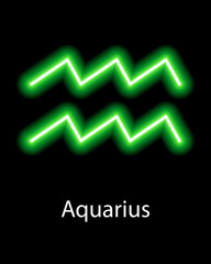 Green neon zodiac sign Aquarius with caption. Predictions, astrology, horoscope.