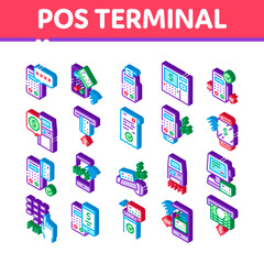 Pos Terminal Device Icons Set Vector. Isometric Bank Terminal And Atm, Smartphone Nfc Pay System Application And Watch Pin Code And Money Illustrations