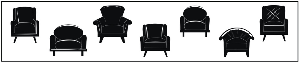 A set of different types of chairs. Black silhouettes of armchairs. Design, interior, home comfort. Isolated vector objects.