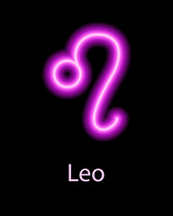 Pink neon zodiac sign Leo with caption. Predictions, astrology, horoscope.