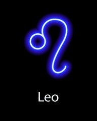 Obraz premium Blue neon zodiac sign Leo with caption. Predictions, astrology, horoscope.