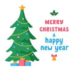 Merry Christmas and Happy New Year lettering with decorated Christmas tree and gifts. Greeting text for winter holidays. Phrase for banners, cards, posters, stickers with decoration. Vector 