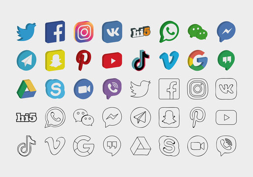 icon set of social media networks, isometric and line style