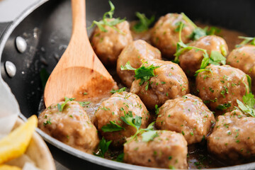 Close up of meatballs in a pan