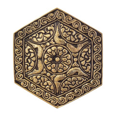 Gold decorative hexagon with the image of fish isolated on a white background. Design element with clipping path