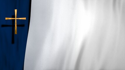 Blue satin with golden Christian Cross on liturgic white copy space. 3D illustration for online worship live stream church sermon on Feast of Mary. Concept of the Feast of the Immaculate Conception.