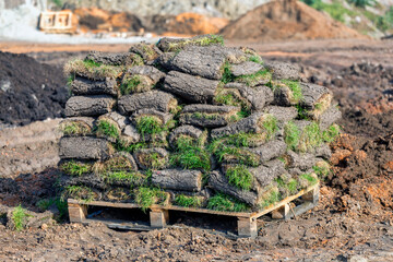 Rolls of sod on pallet for new lawn