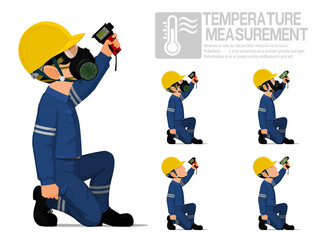 Set of industrial worker using pyrometer for measuring temperature.