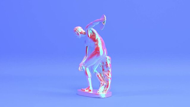 Rotating iridescent shiny discus thrower or discobolus antique roman sculpture seamless looping animated background, holographic greece athlete statue 3d render hd 1080p animation