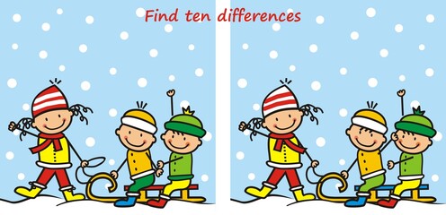 kids on a sledge, find ten differences, vector illustration