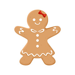 Christmas homemade gingerbread girl. Festive cookies isolated on white background. Vector illustration in cartoon flat style. Decoration for the holiday.
