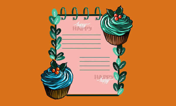 Decoration For A Card With Cupcakes. Menu For The Pastry Shop. Pink Watermark For Text. 