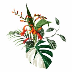 Tropical palm branches, exotic leaves and orange exotic flower composition over white background. Fashion summer print for wrapping, fabric, invitation card and your template design.