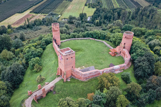 Drone view of ruins of castle in Czersk village near Gora Kalwaria town in Mazowsze region of Poland