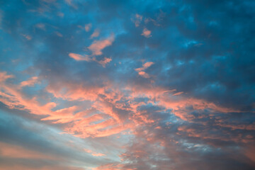 sky with clouds during sunset, blue and orange color