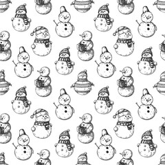 Christmas seamless pattern with snowmans. Sketch, vector.