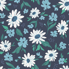 Sunflower seamless pattern. White daisy and small blue flowers on the navy background. Perfect ornament for fashion fabric or other printable covers.