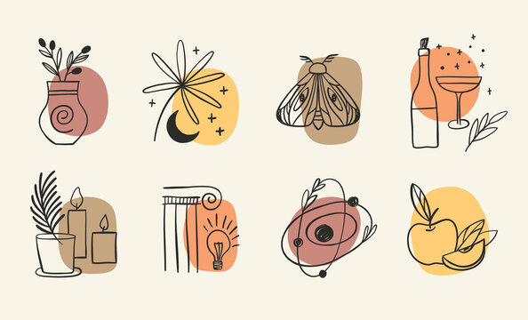 Set of highlights stories icon for social media. Trendy vector composition with flowers and alchemy, bohemian signs. Warm colors elements for blog or website
