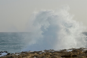 Stormy day in Malta. Big waves close up. Amazing sea. Autumn in Malta. Dangerous. 