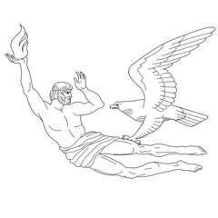 Ancient Greek hero Prometheus and eagle. Hand drawn Isolated on white vector illustration. For coloring books, pages.