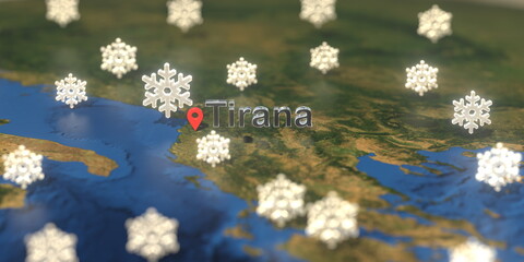 Snowy weather icons near Tirana city on the map, weather forecast related 3D rendering