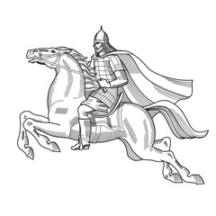 Old Russian knight with  armor and helmet on horse. Heraldry. Hand drawn Isolated on white vector illustration.