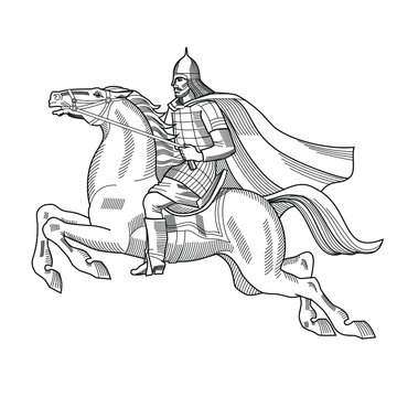 Old Russian knight with  armor and helmet on horse. Heraldry. Hand drawn Isolated on white vector illustration.