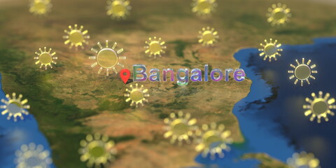 Sunny weather icons near Bangalore city on the map, weather forecast related 3D rendering