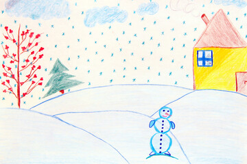 Winter landscape in village. Childish artwork about winter. New Year holidays