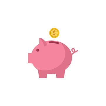 Pink piggy bank with falling gold coin flat vector illustration isolated.