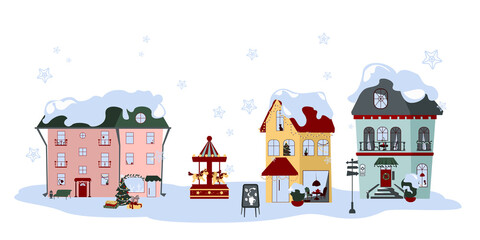 Collection of winter houses. Frozen urban architecture with snow caps on roofs and cosy view in windows. Christmas tree with presents, carousel and glittering lights create magic Christmas atmosphere.