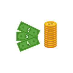 Big stacked pile of cash and dollar banknotes flat vector illustration isolated.