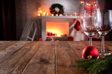 Christmas wooden table with attributes for preparing the holidays in a nice, romantic interior